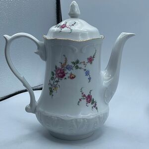 Vintage Wtoctawek Poland white porcelain teapot  gold rimmed floral .